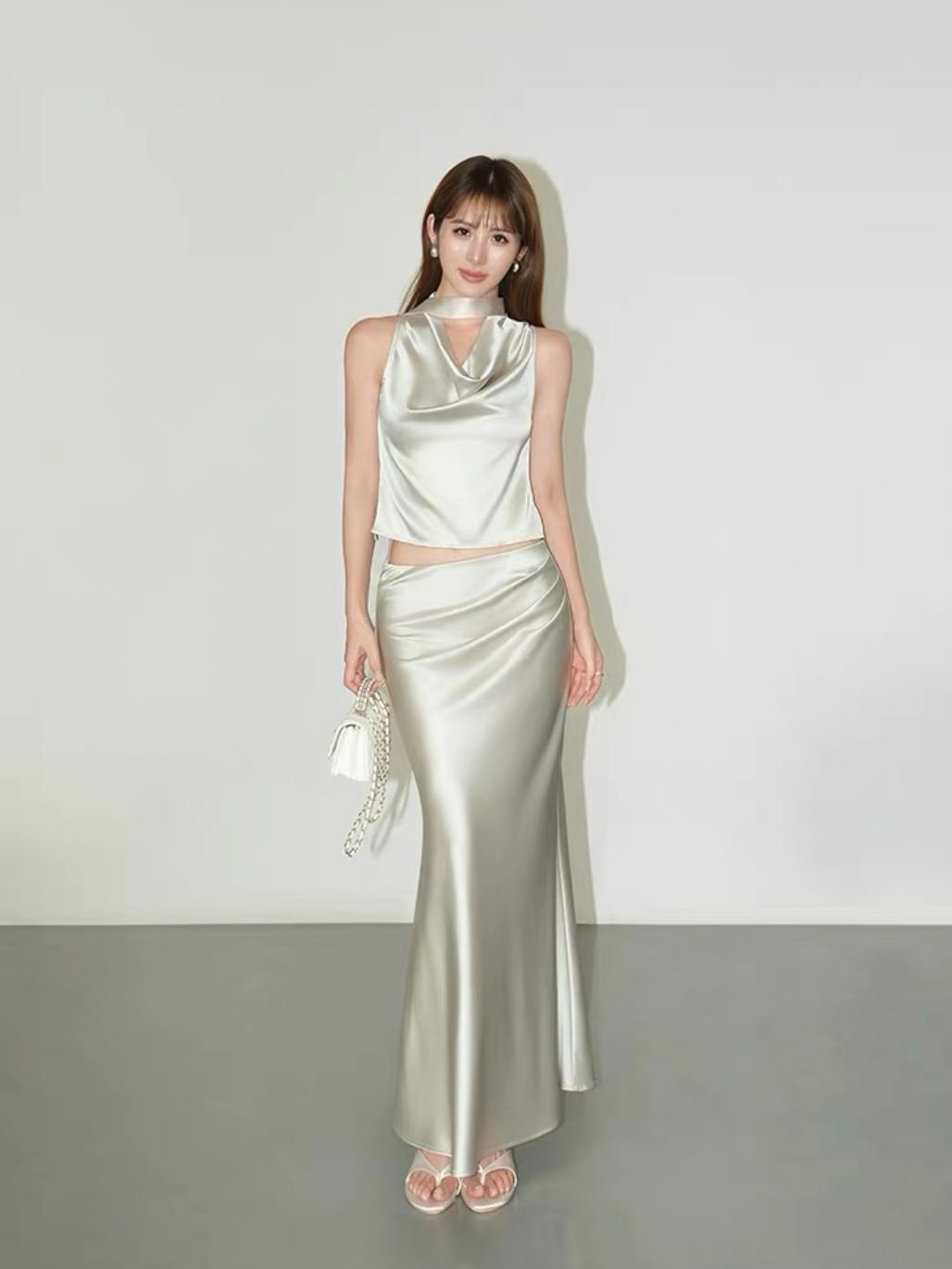 Ralynnsa Swing Collar Tie Back Satin Top & Bias Cutting Skirt (Sold seperately)