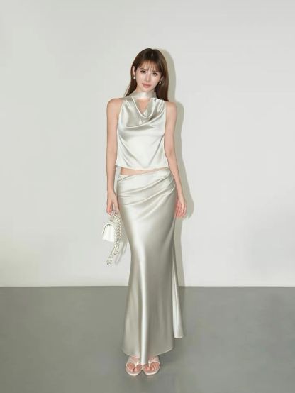 Ralynnsa Swing Collar Tie Back Satin Top & Bias Cutting Skirt (Sold seperately)