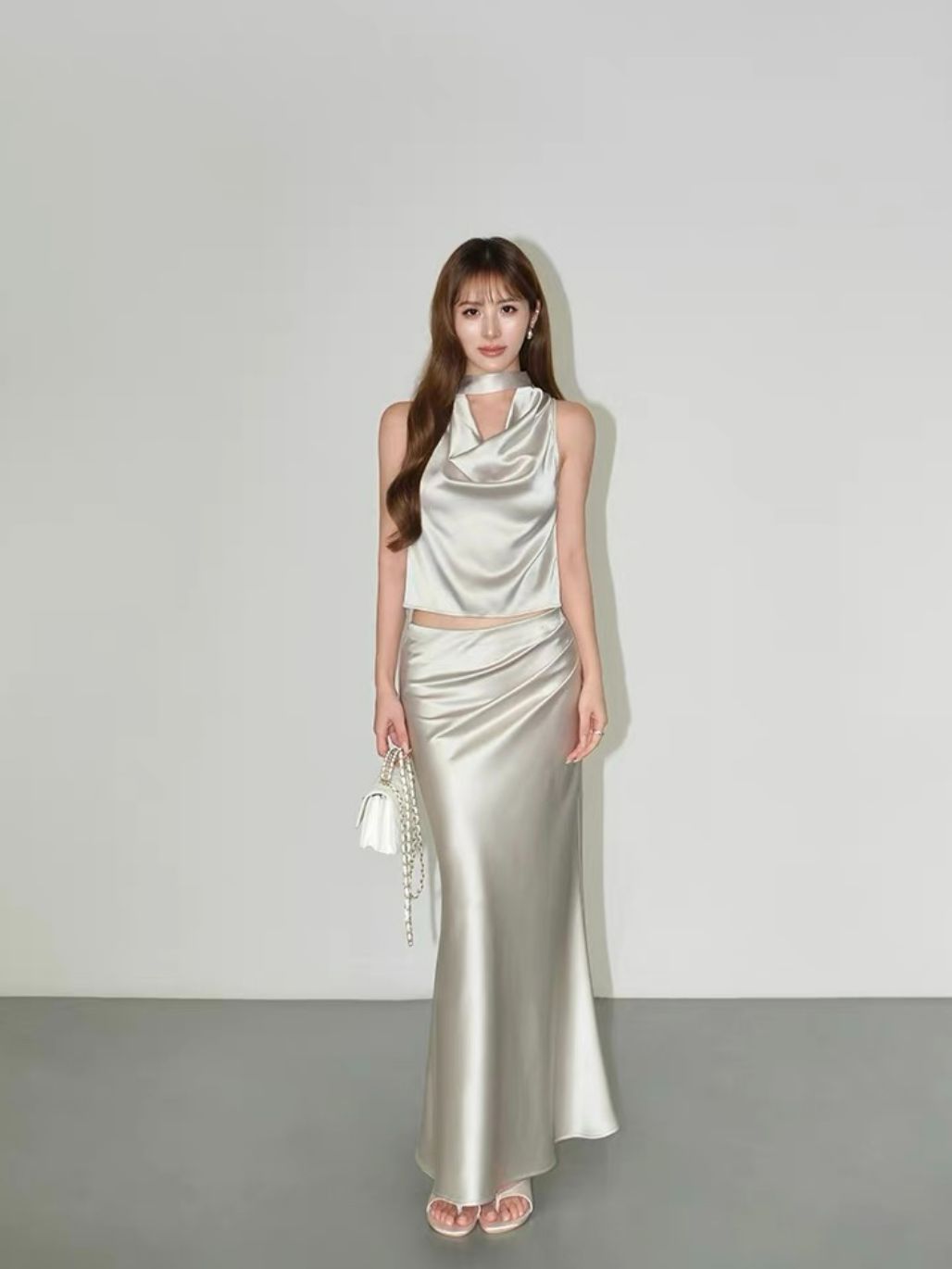 Ralynnsa Swing Collar Tie Back Satin Top & Bias Cutting Skirt (Sold seperately)
