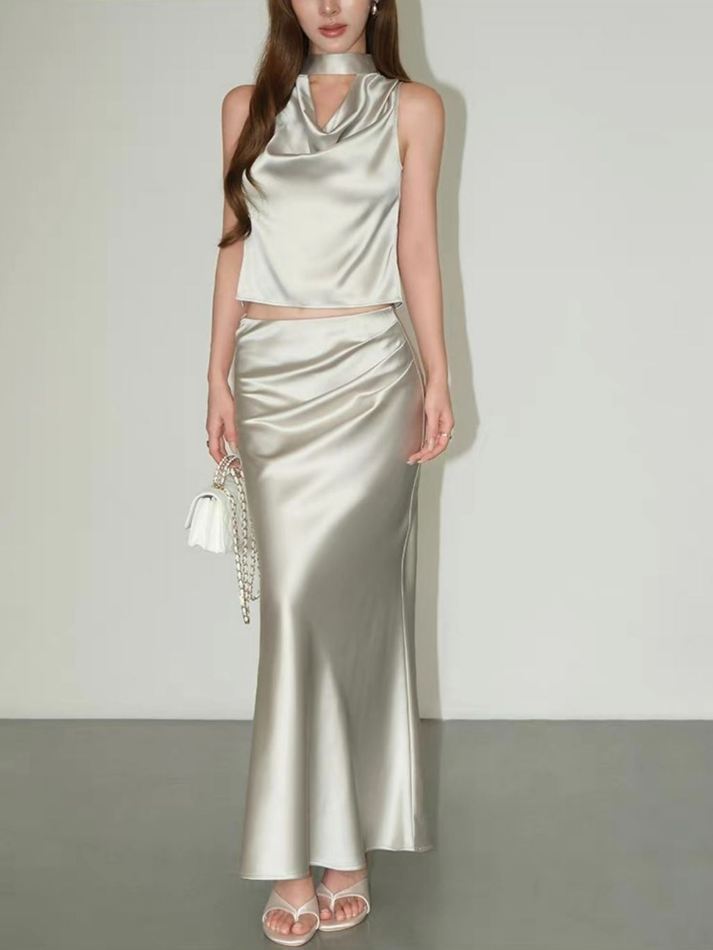 Ralynnsa Swing Collar Tie Back Satin Top & Bias Cutting Skirt (Sold seperately)