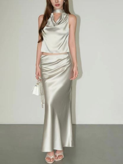 Ralynnsa Swing Collar Tie Back Satin Top & Bias Cutting Skirt (Sold seperately)