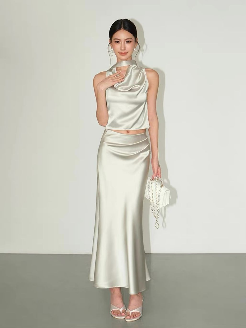 Ralynnsa Swing Collar Tie Back Satin Top & Bias Cutting Skirt (Sold seperately)