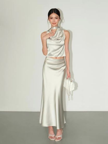 Ralynnsa Swing Collar Tie Back Satin Top & Bias Cutting Skirt (Sold seperately)