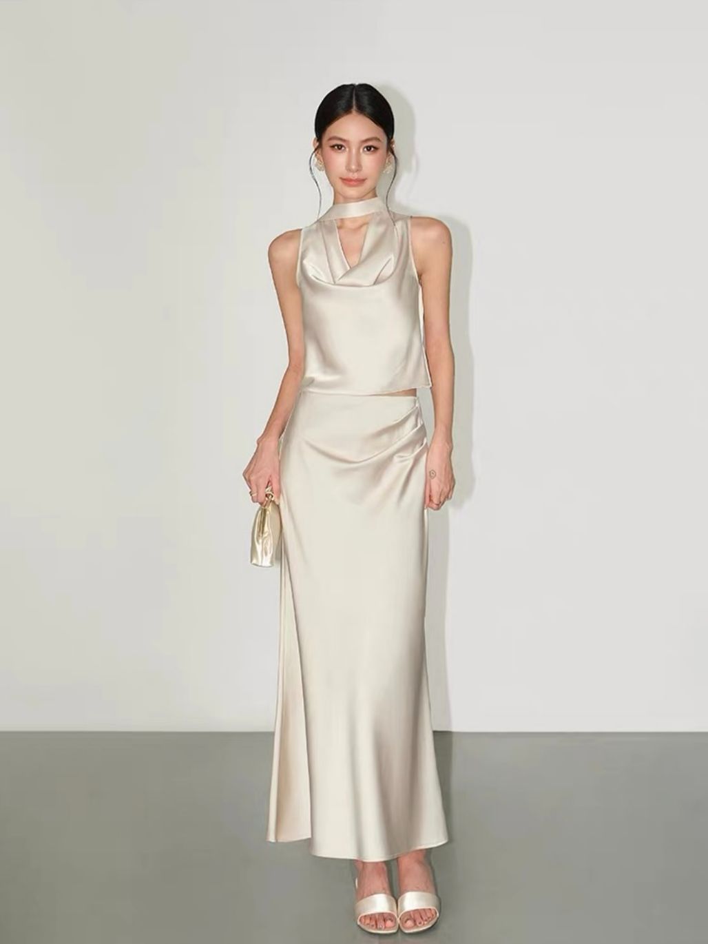 Ralynnsa Swing Collar Tie Back Satin Top & Bias Cutting Skirt (Sold seperately)