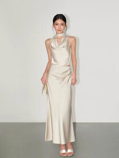 Ralynnsa Swing Collar Tie Back Satin Top & Bias Cutting Skirt (Sold seperately)