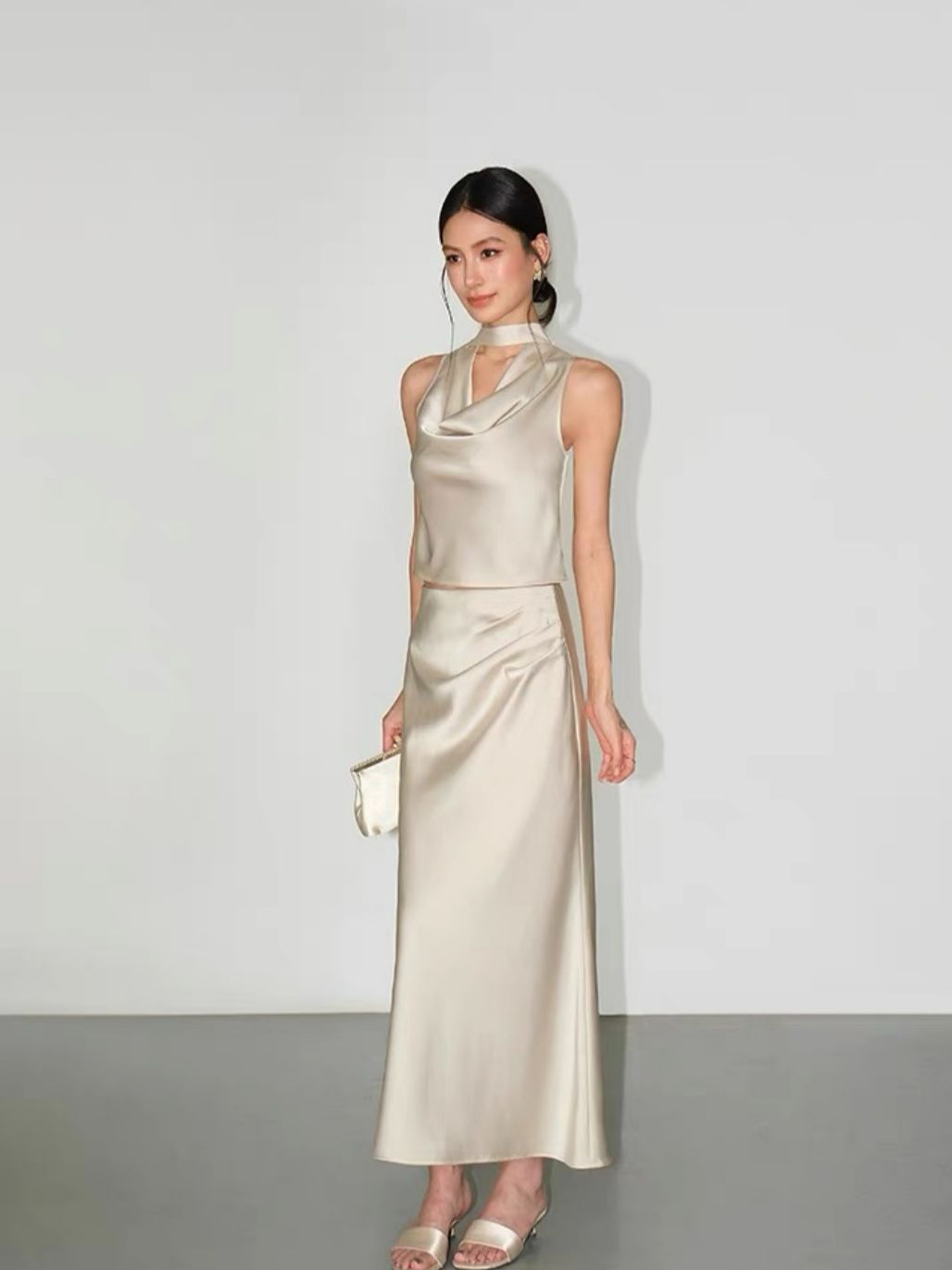 Ralynnsa Swing Collar Tie Back Satin Top & Bias Cutting Skirt (Sold seperately)