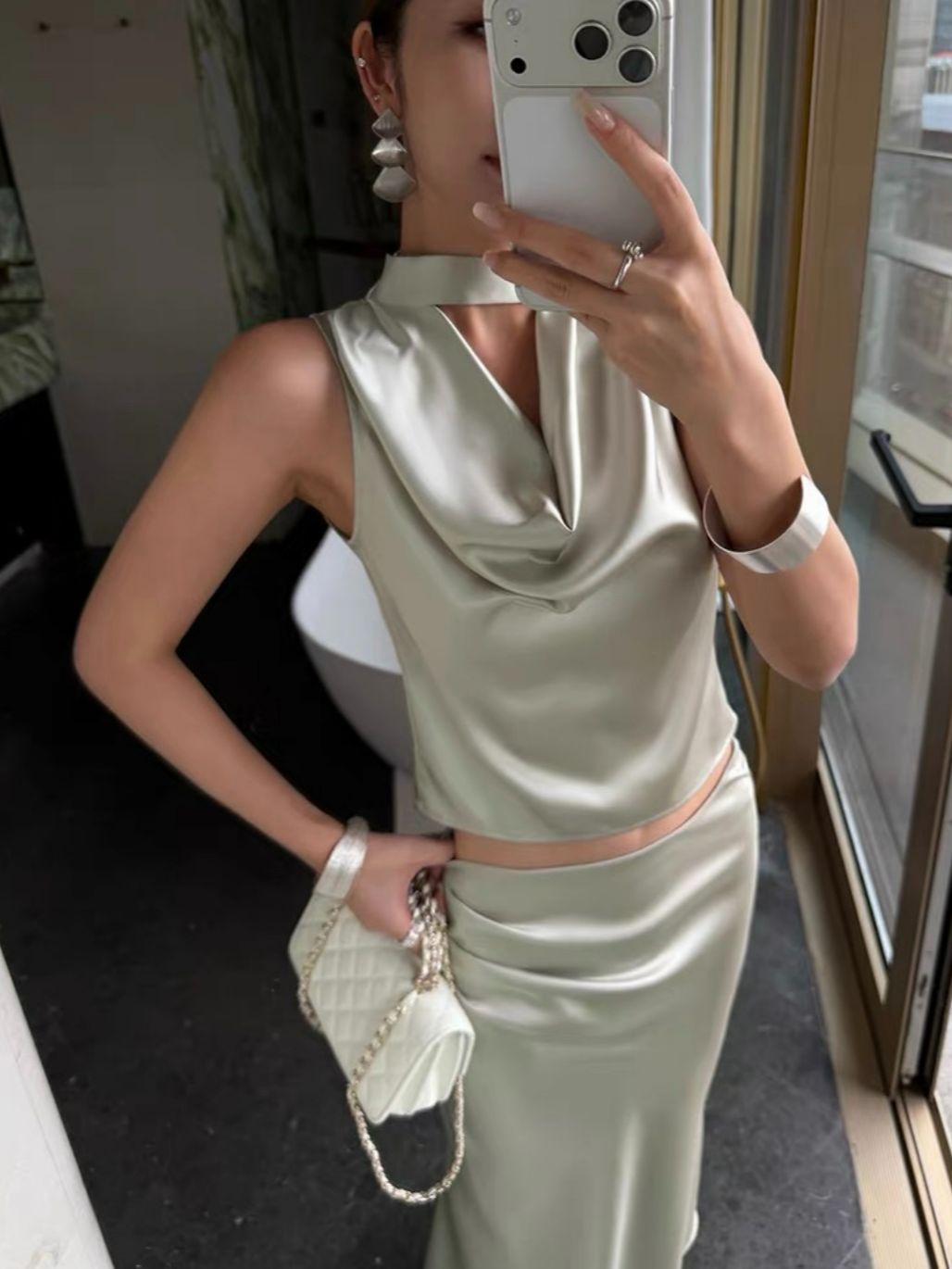 Ralynnsa Swing Collar Tie Back Satin Top & Bias Cutting Skirt (Sold seperately)