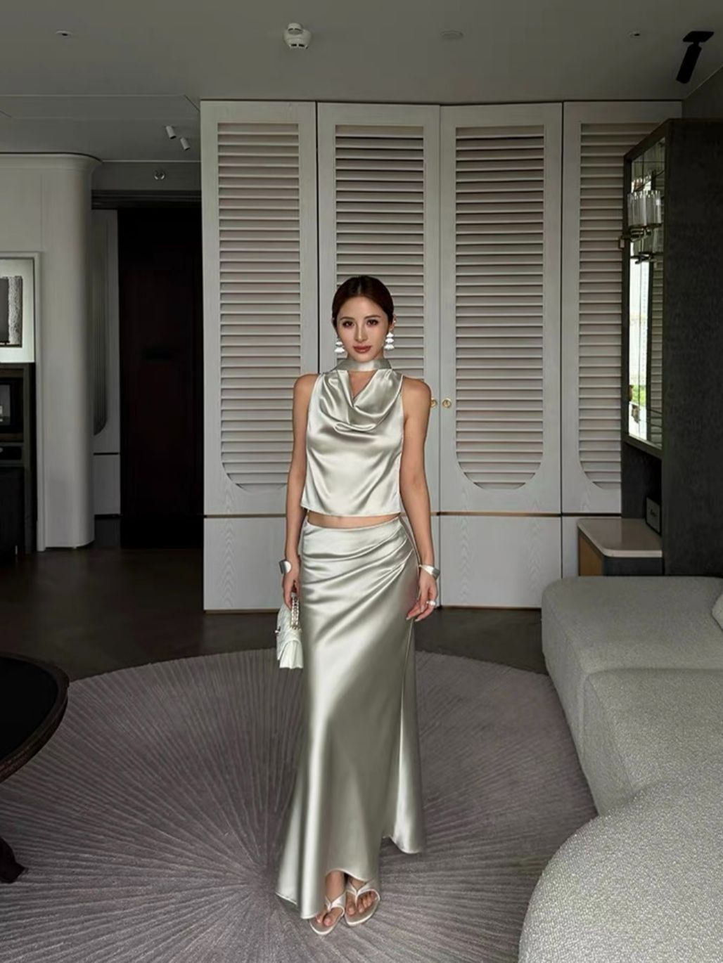 Ralynnsa Swing Collar Tie Back Satin Top & Bias Cutting Skirt (Sold seperately)