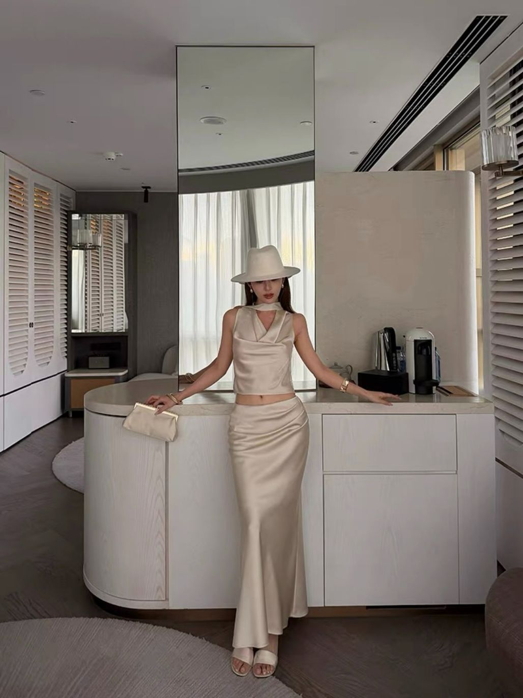 Ralynnsa Swing Collar Tie Back Satin Top & Bias Cutting Skirt (Sold seperately)