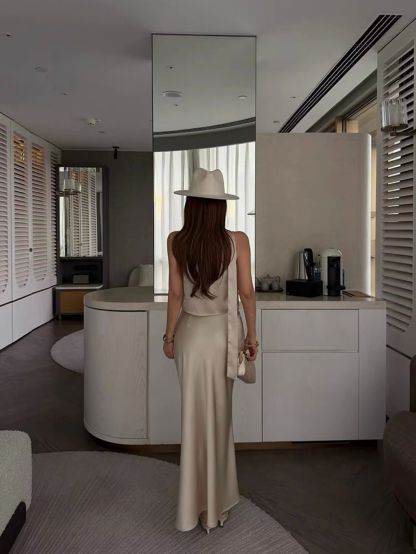 Ralynnsa Swing Collar Tie Back Satin Top & Bias Cutting Skirt (Sold seperately)