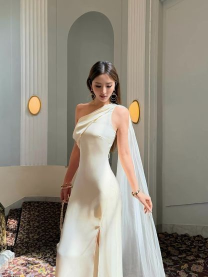 Rehema Neck Tie Asymmetric Cutting Evening Dress