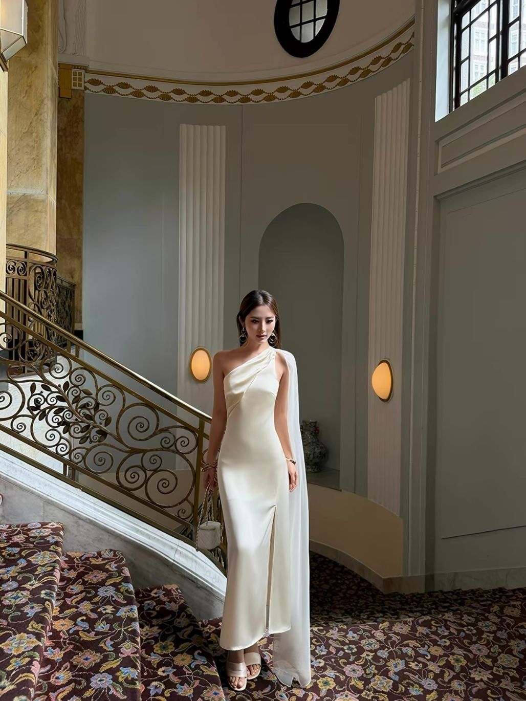 Rehema Neck Tie Asymmetric Cutting Evening Dress