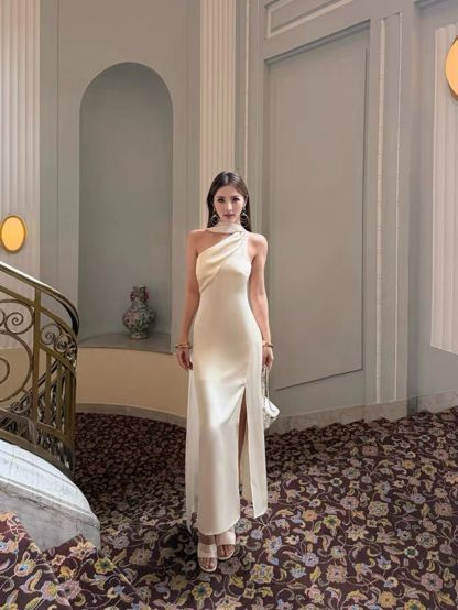 Rehema Neck Tie Asymmetric Cutting Evening Dress