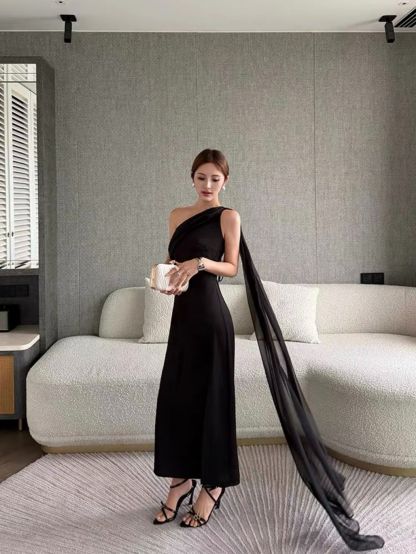 Rehema Neck Tie Asymmetric Cutting Evening Dress