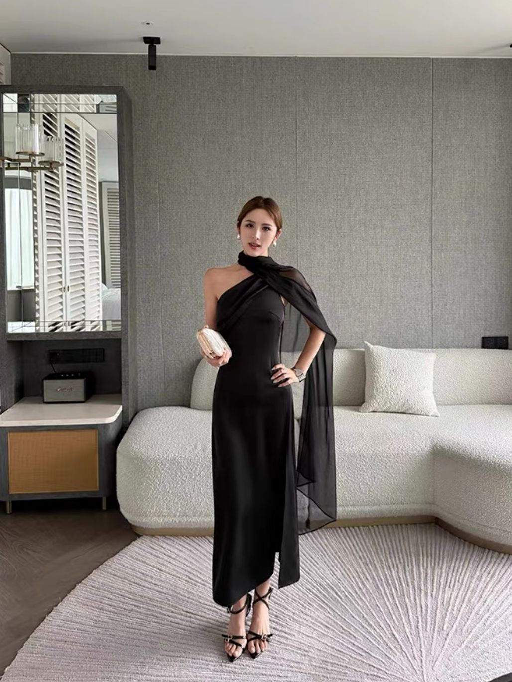 Rehema Neck Tie Asymmetric Cutting Evening Dress