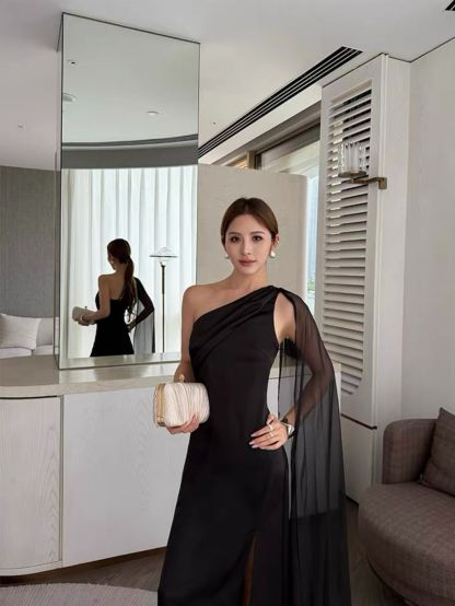 Rehema Neck Tie Asymmetric Cutting Evening Dress