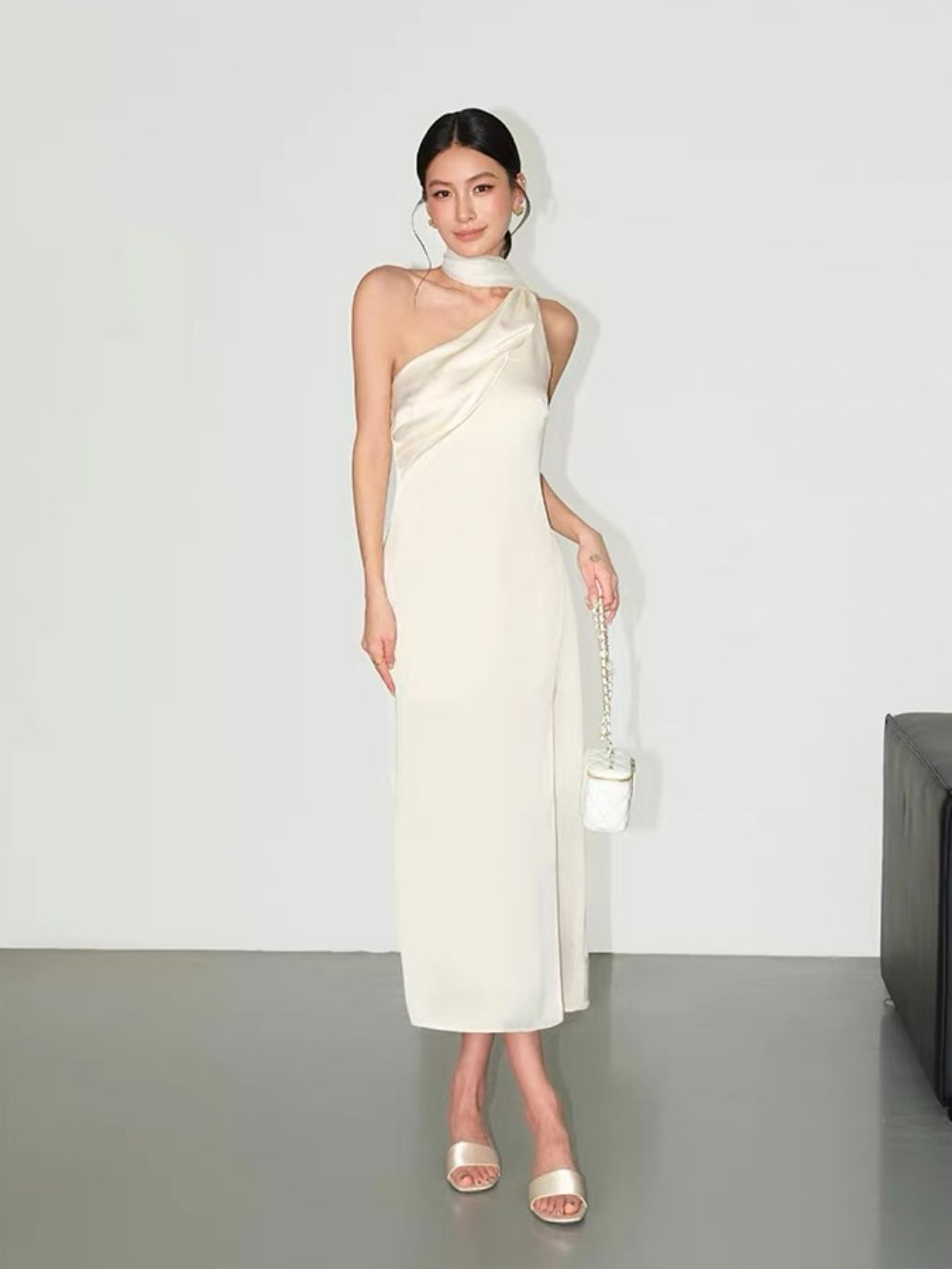 Rehema Neck Tie Asymmetric Cutting Evening Dress