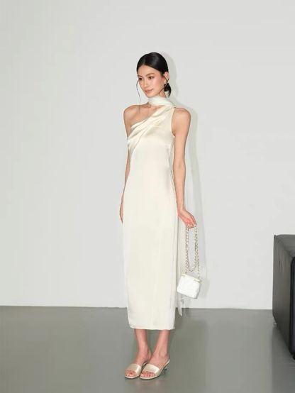 Rehema Neck Tie Asymmetric Cutting Evening Dress