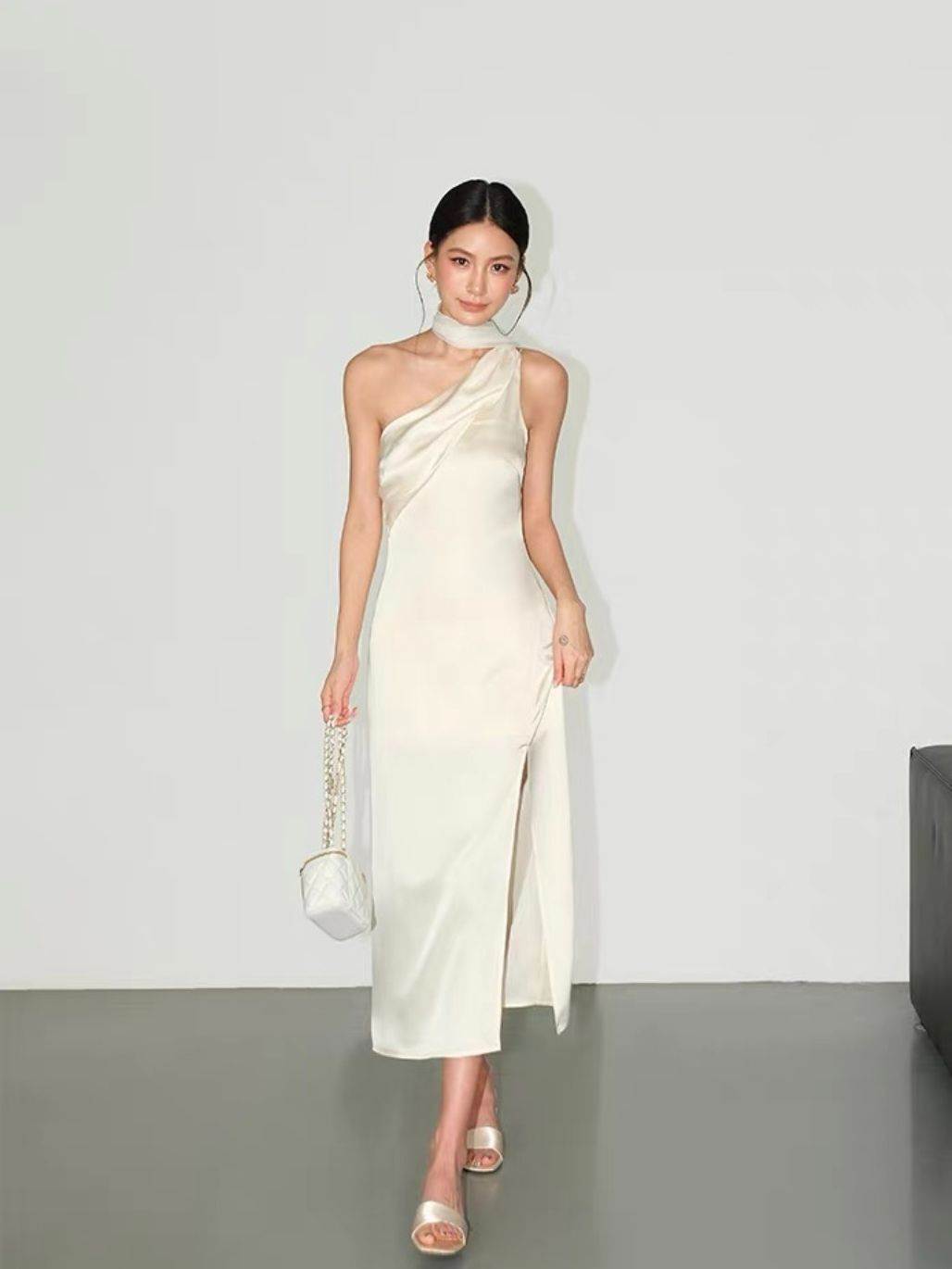 Rehema Neck Tie Asymmetric Cutting Evening Dress