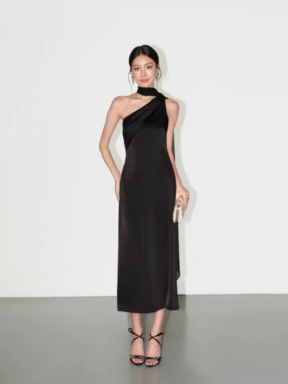 Rehema Neck Tie Asymmetric Cutting Evening Dress