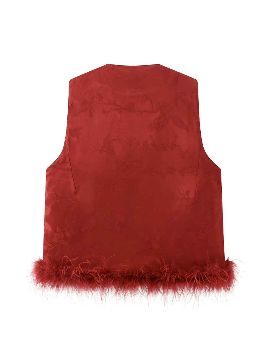 Shuang He Feather Trim Oriental Vest