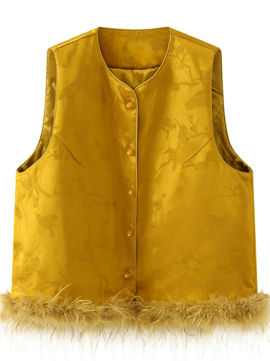Shuang He Feather Trim Oriental Vest