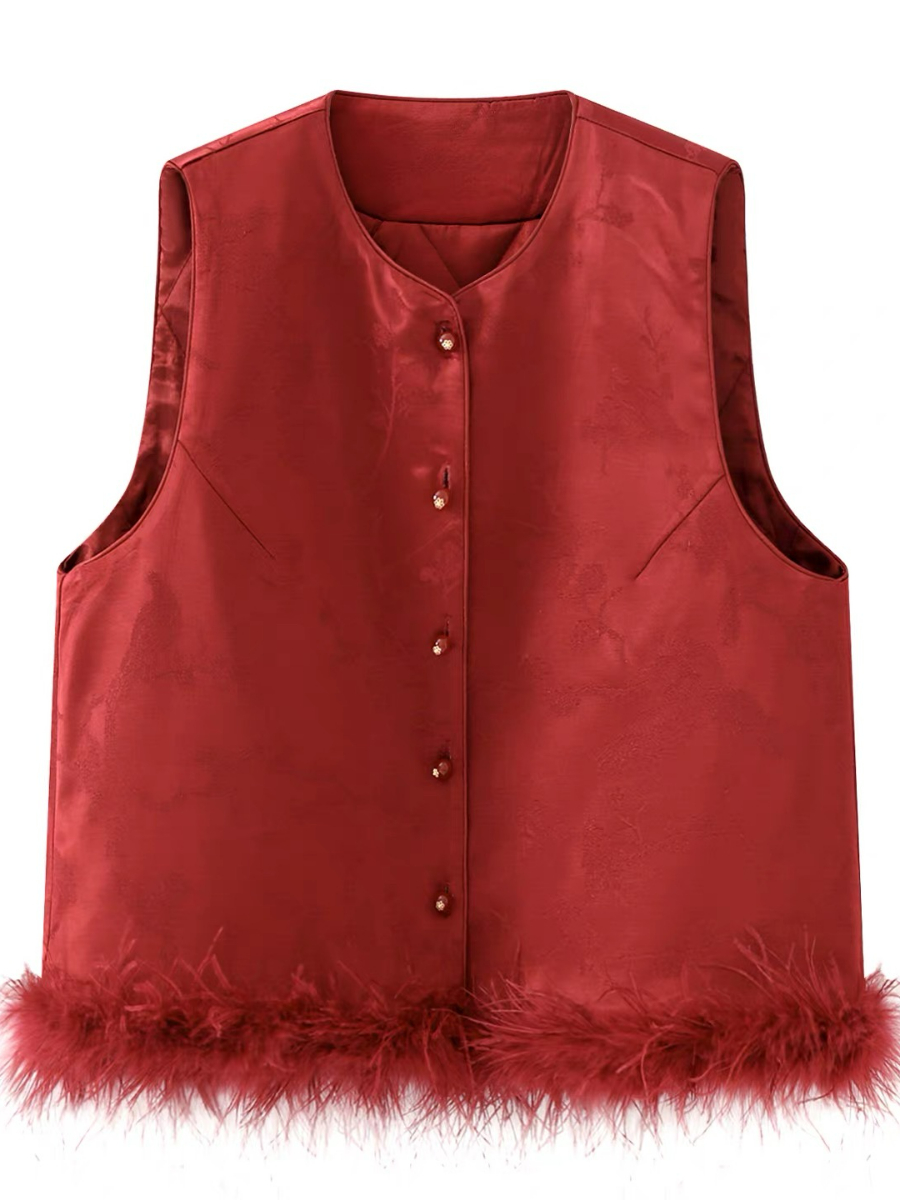 Shuang He Feather Trim Oriental Vest