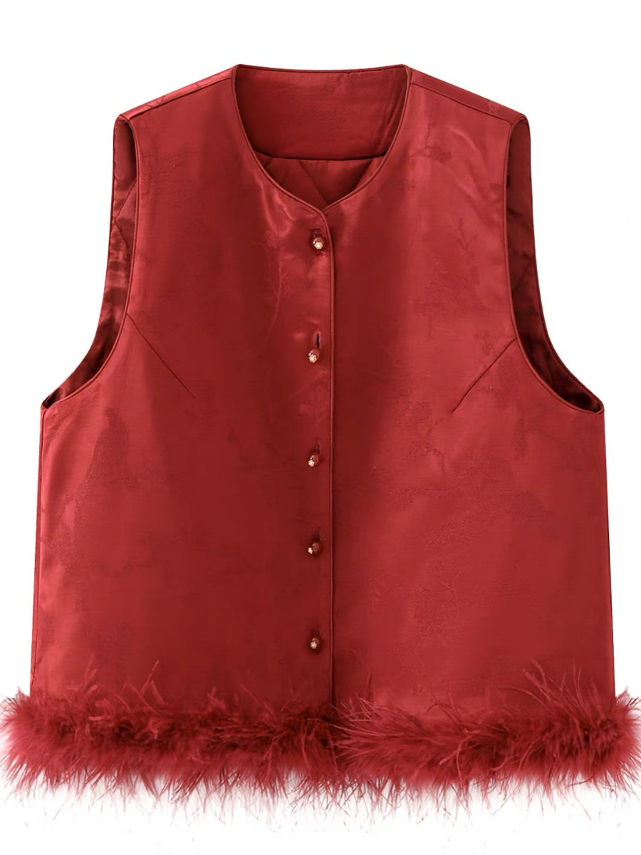 Shuang He Feather Trim Oriental Vest