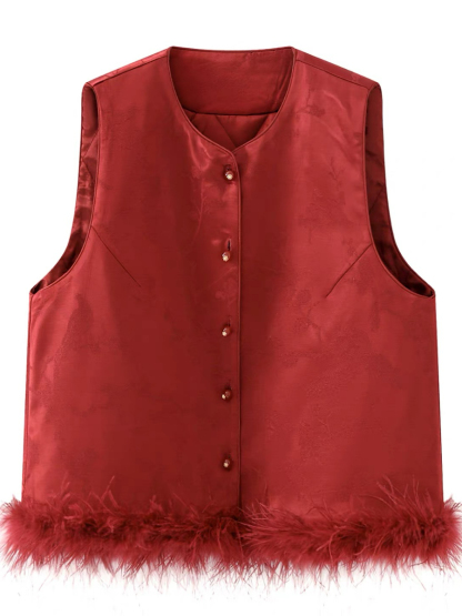 Shuang He Feather Trim Oriental Vest