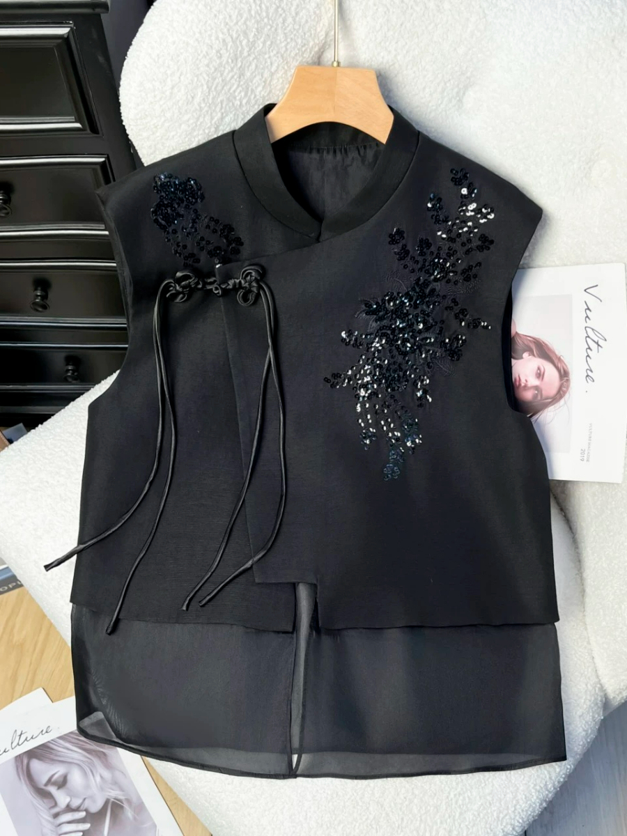 Shuang Qu Organza Paneling Sequin Oriental Vest