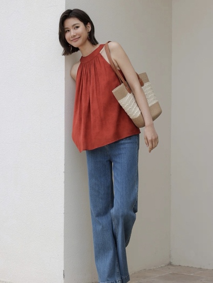 Ling Geng Back Rubbon Halter Neck Satin Top