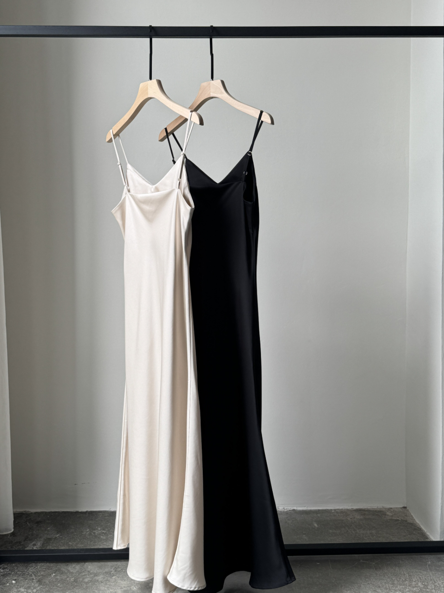 Felicie V-Neck Satin Cami Dress-The Black Bow-