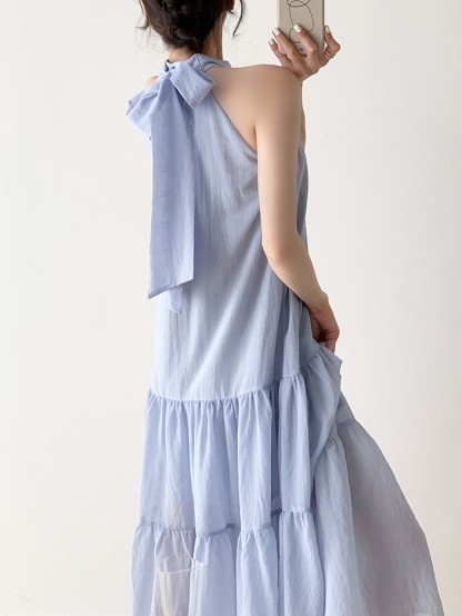 Grayce Ribbon Tie Halter Neck Trapeze Dress-The Black Bow-