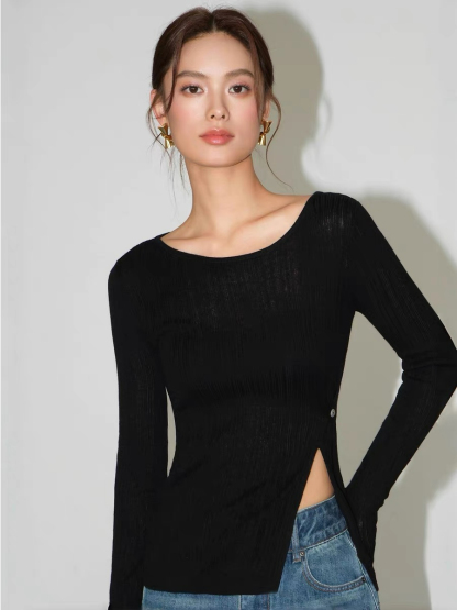Baylor Side Slit Sheer Knit Top-The Black Bow-