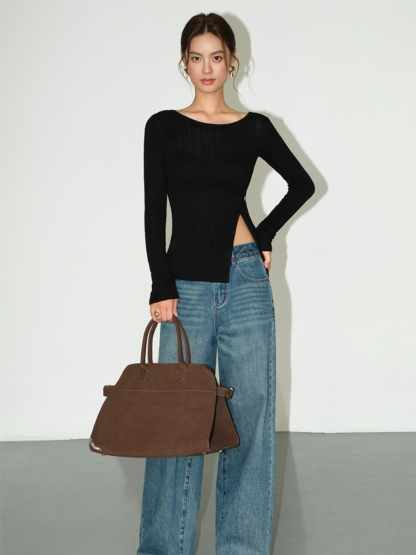 Baylor Side Slit Sheer Knit Top-The Black Bow-