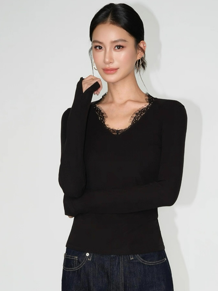 Lizeth Lacey Trim Collar Long Sleeve Top