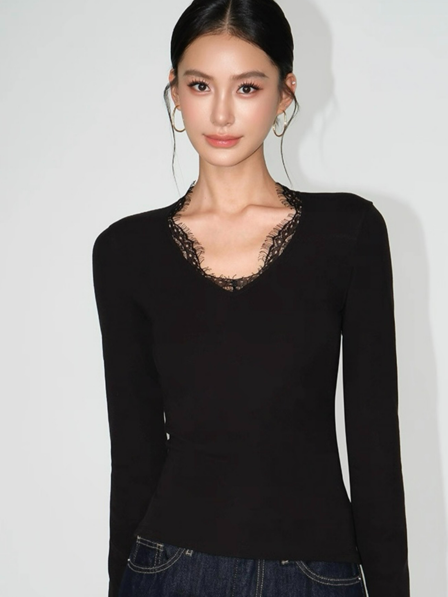 Lizeth Lacey Trim Collar Long Sleeve Top