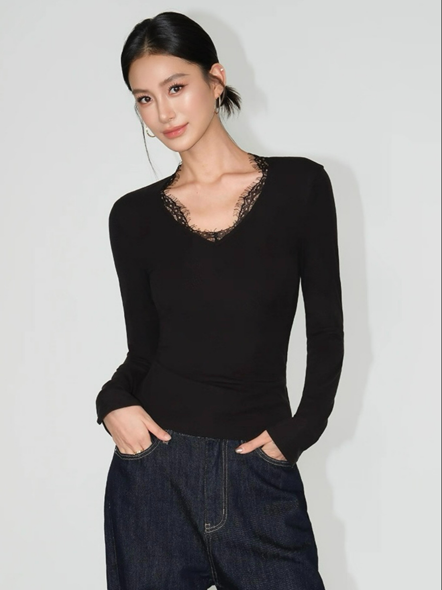 Lizeth Lacey Trim Collar Long Sleeve Top