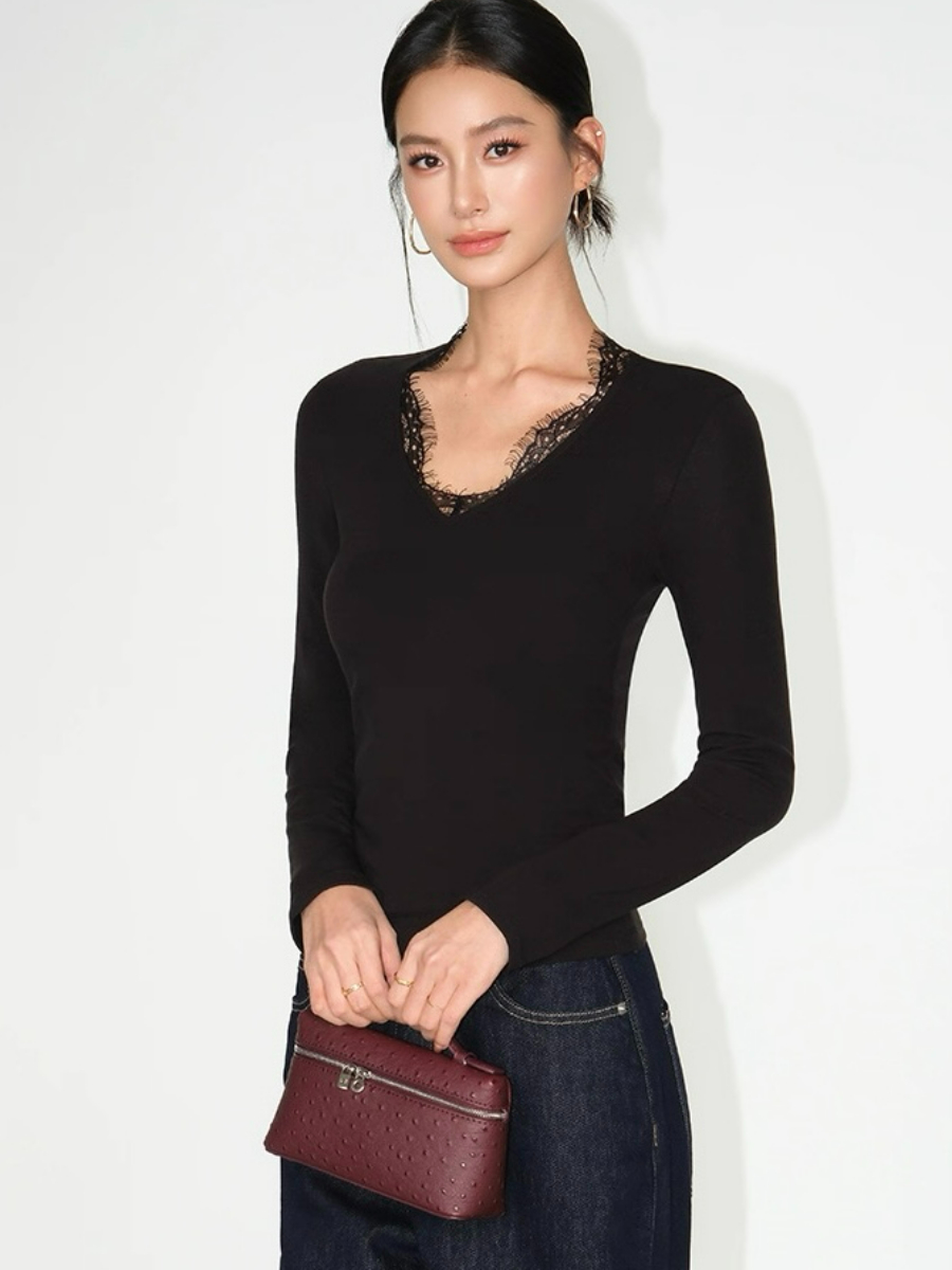 Lizeth Lacey Trim Collar Long Sleeve Top