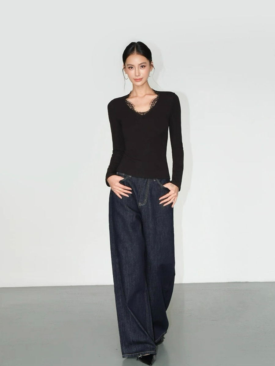 Lizeth Lacey Trim Collar Long Sleeve Top