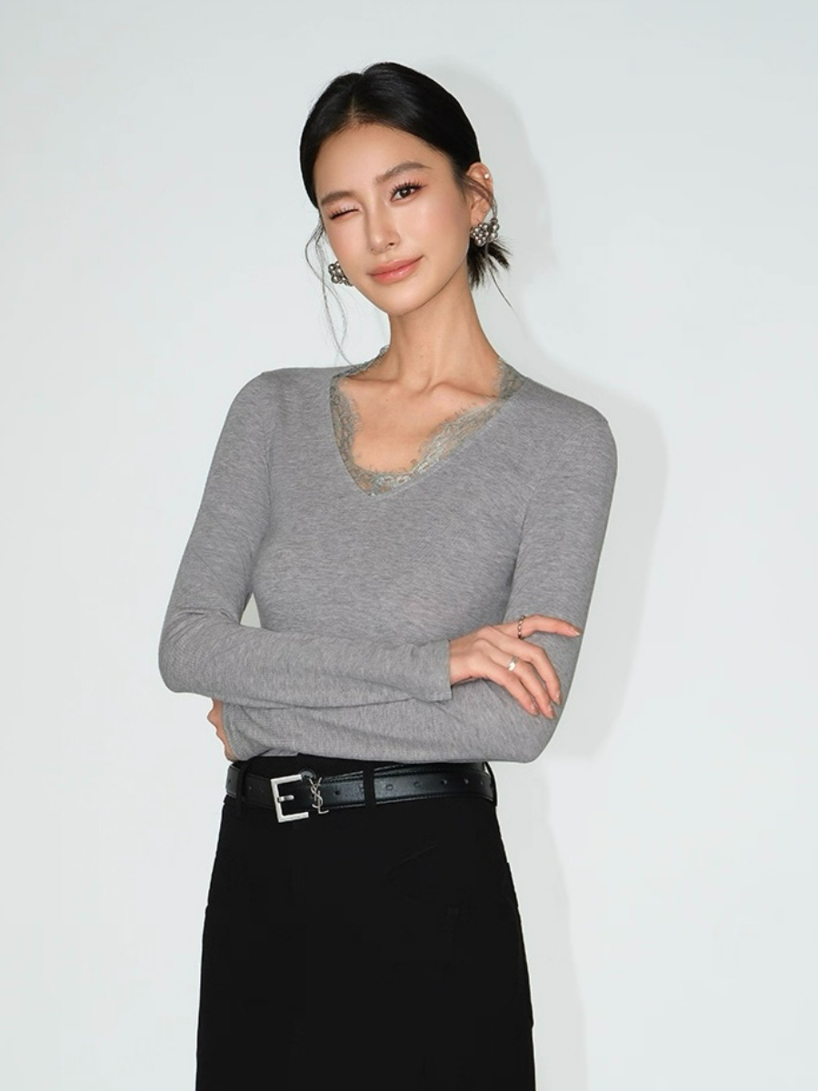 Lizeth Lacey Trim Collar Long Sleeve Top