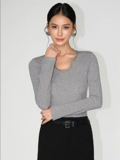 Lizeth Lacey Trim Collar Long Sleeve Top