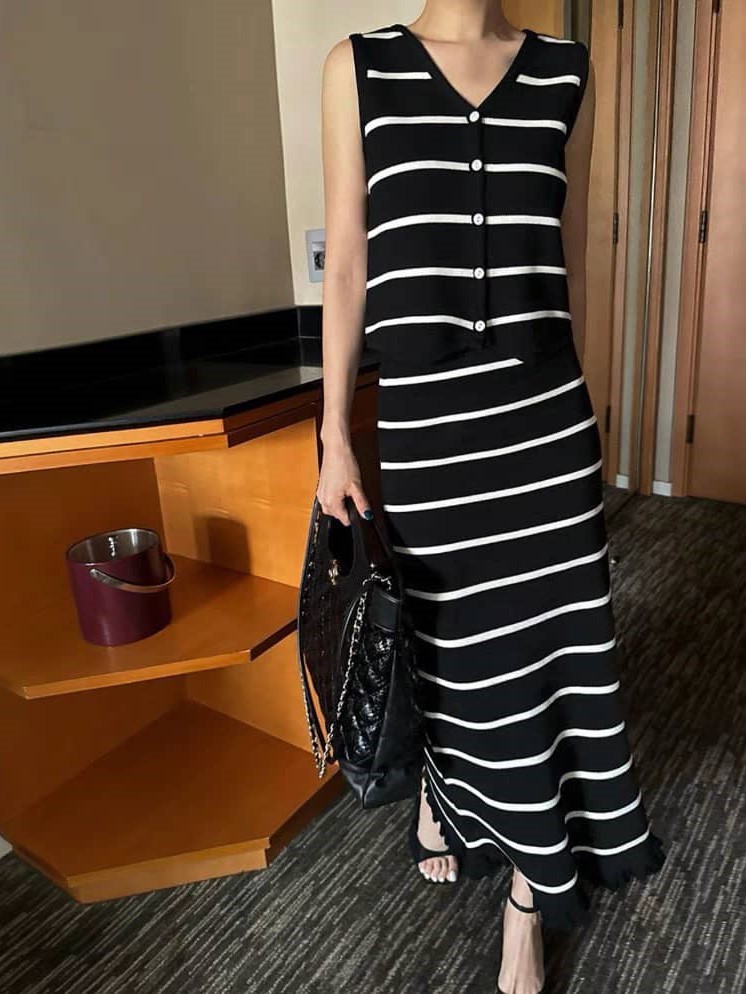 Fannie Clean Cut Striped  Sleeveless Top & Skirt Set-The Black Bow-