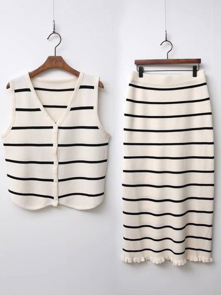 Fannie Clean Cut Striped  Sleeveless Top & Skirt Set-The Black Bow-