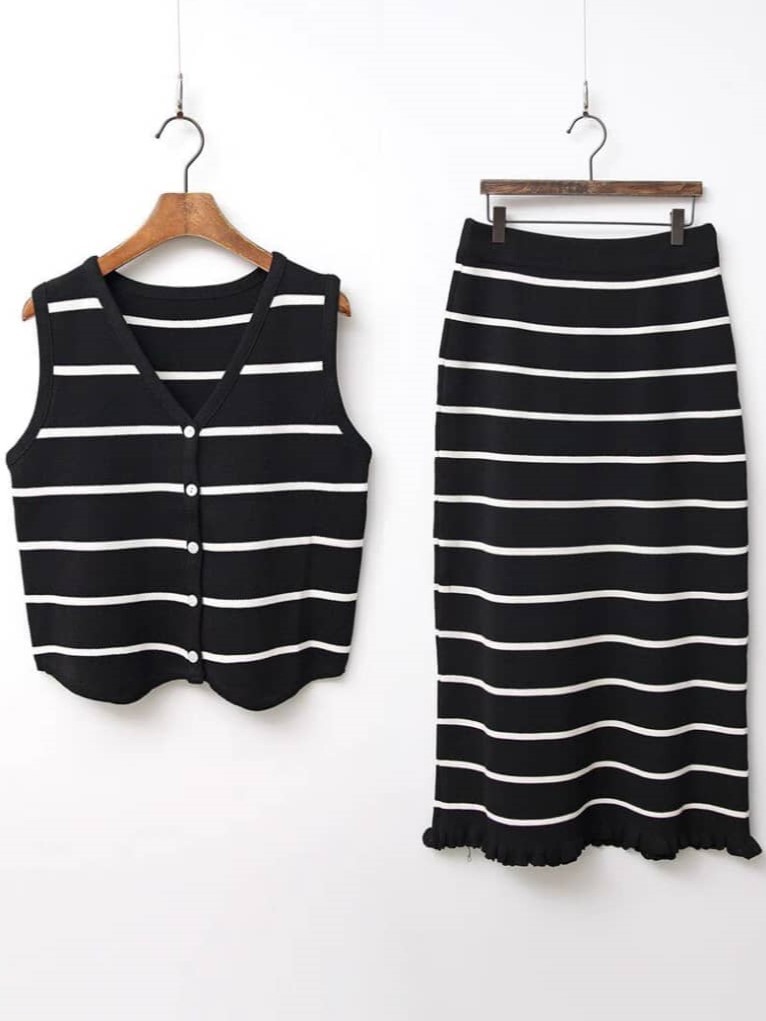 Fannie Clean Cut Striped  Sleeveless Top & Skirt Set-The Black Bow-