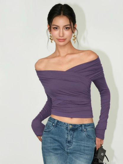 Barley Off Shoulder Long Sleeve Top-The Black Bow-