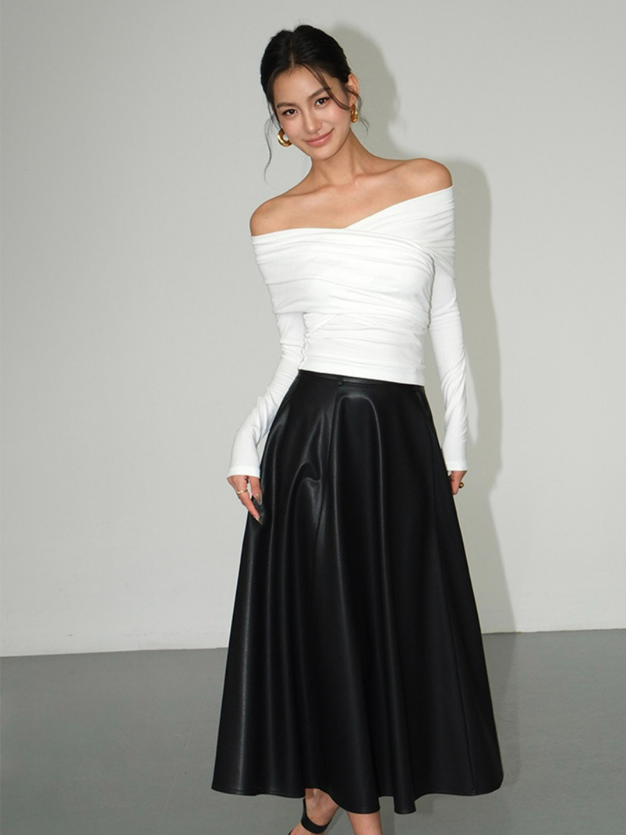 Barley Off Shoulder Long Sleeve Top-The Black Bow-