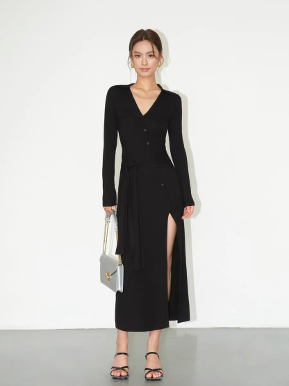 Brianna Button Down High Slit Dress-The Black Bow-