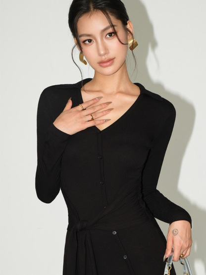 Brianna Button Down High Slit Dress-The Black Bow-