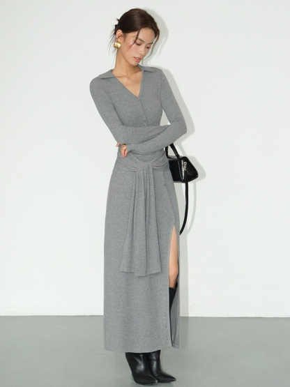 Brianna Button Down High Slit Dress-The Black Bow-